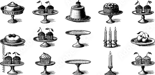 Vintage engraved clipart sheet of cake stands cupcake pedestals and dessert platters for party display background and confectionery product design