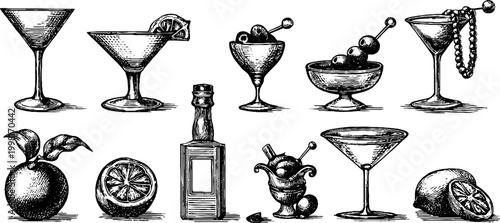 Vintage engraved cocktail glass and barware clipart sheet with citrus bottle olives and martini elements for retro beverage label background design