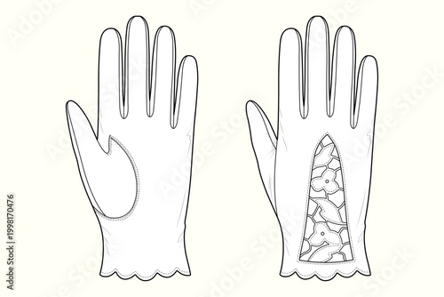 Lace Insert Scalloped Edge Gloves Technical Sketch