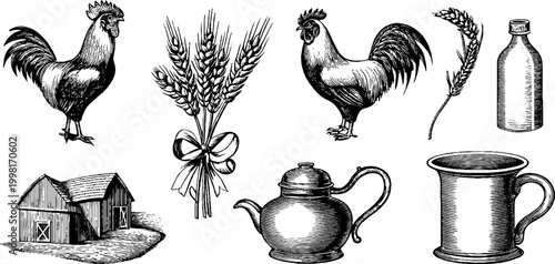 Vintage engraved farm clipart sheet with roosters wheat barn teapot and milk mug for label and packaging design vintage product branding signage and background use
