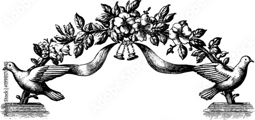 Vintage engraved twin doves and floral swag with bells ribbons and blossoms for wedding border background and ceremonial design