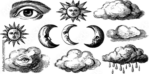 Vintage engraved fortune clipart sheet with sun eyes moons and storm clouds for mystical background and celestial design elements