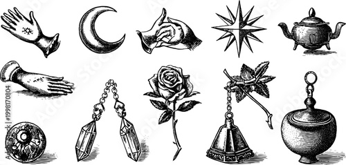 Vintage engraved fortune clipart sheet with hands crescent tools rose and pendulum for mystical elements and occult design use