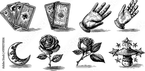 Vintage engraved fortune cards hands crescent moon rose and talisman icons sheet for mystic themed backgrounds and decorative designs