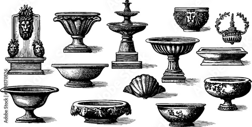 Vintage engraved garden fountain basins and lion head bowls for background and architectural design