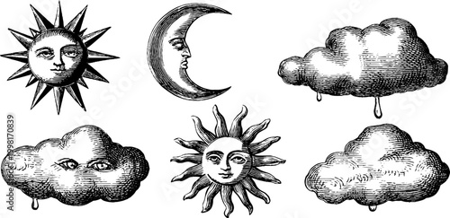 Vintage engraved celestial sun moon crescent and fortune stars with clouds for background and poster design