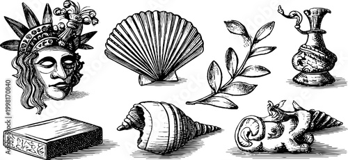 Vintage engraved shell mask vessel and decorative seashell clipart sheet with laurel branch and jug for design background poster and banner use