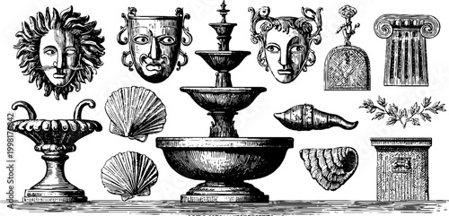 Vintage engraved fountain masks lion heads shells and classical ornaments for background and decorative design