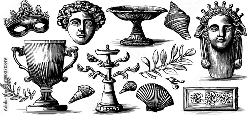 Vintage engraved fountain masks lion head and decorative trophy elements clipart sheet for design background poster and banner use