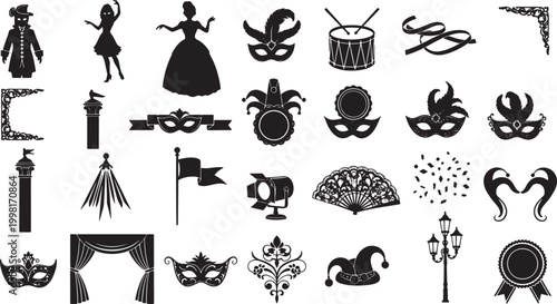 Set of Carnival and Masquerade Party Elements Silhouettes Vector Collection for Festive Celebration and Event Design