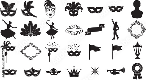 Set of Carnival and Masquerade Party Elements Silhouettes Vector Icons for Festive Celebration Design Projects