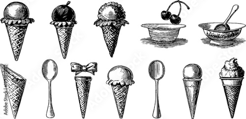Vintage engraved ice cream cones scoops cherries and dessert bowls sheet with spoons for cafe menu background and retro food design elements