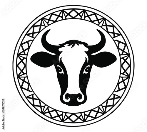 Cow Silhouette with Greek Pattern Frame Black and White Icon