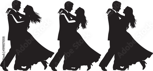 Silhouette vector illustration of elegant couples dancing in formal attire for ballroom events weddings and romantic celebrations isolated on white background