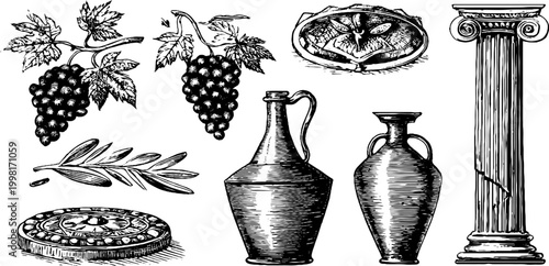 Assorted vintage engraved italian amphorae column olive branch and grape bunch clip art sheet for decorative design elements and background use
