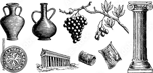Engraved vintage italian amphorae grape temple column medallion and architectural elements clip art sheet for historical design and background