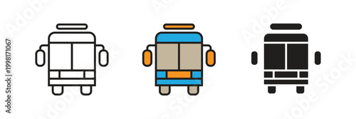 Public Bus Icon Vector. Urban public bus vehicle icons from a front perspective, representing city transportation, school bus services, and passenger commuting travel options.
