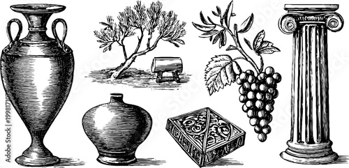 Vintage engraved italian amphorae grape urn column olive tree and decorative box clip art sheet for historical background and design elements