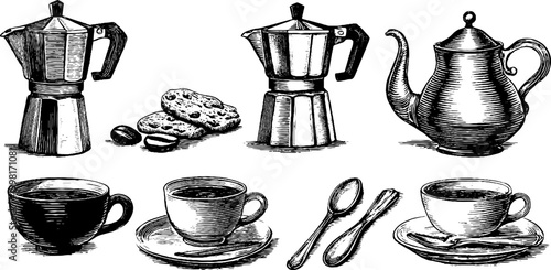 Vintage engraved espresso pots teapot cups saucers spoons and coffee beans clip art sheet for cafe menu background and packaging design