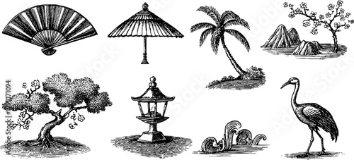 Vintage engraved japanese fans and cherry blossom elements sheet with cranes, lanterns and bonsai for background and pattern design