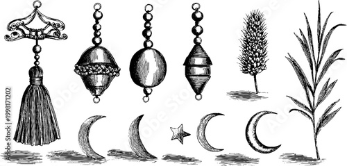 Vintage engraved macrame tassels and beaded ornaments sheet with crescent moons stars and botanical accents for craft design and decorative background