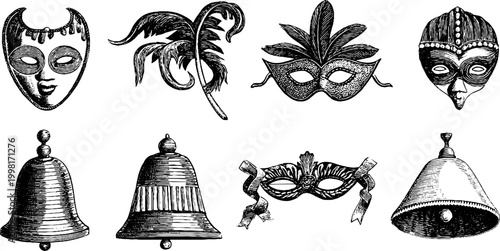 Vintage engraved masked carnival faces and masquerade bells sheet with feathers ribbons and decorative elements for poster, banner, costume design and party stationery