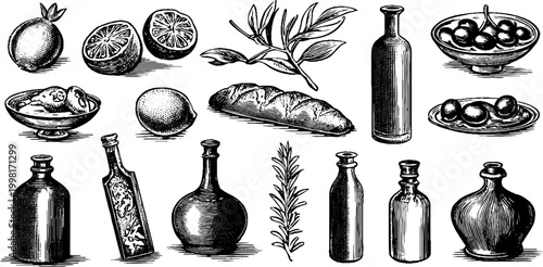 Vintage engraved mediterranean bottle and pantry clipart sheet with citrus olives bread jars and herbs for packaging labels and food design