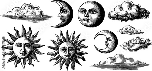 Vintage engraved celestial sheet with moon phases sun faces and clouds for mystical background and design