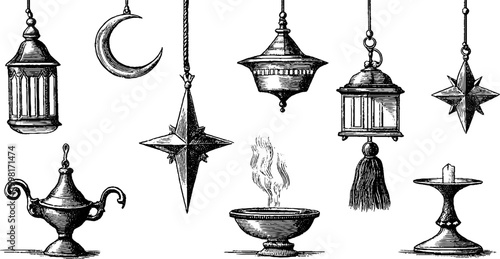 Vintage engraved moroccan lanterns crescent and star clipart sheet for ramadan and eid greeting card design and ornamental background
