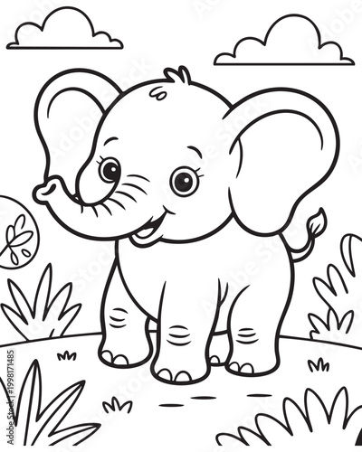 Cute Baby Elephant Illustration: Adorable baby elephant cartoon in monochrome stands playfully amidst lush foliage and puffy clouds. This delightful artwork evokes innocence and wonder.