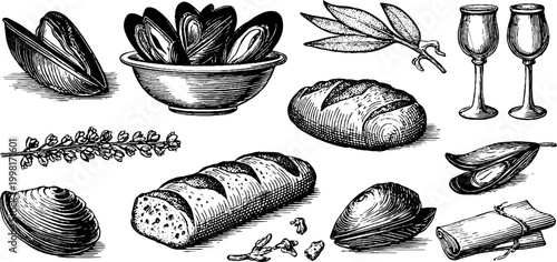 Vintage engraved mussels and bread loafs with glasses and herbs sheet for menu artwork packaging and background design