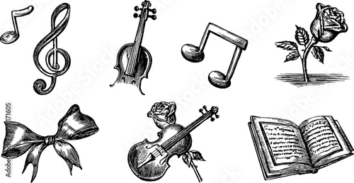 Vintage engraved music notes and violin clipart sheet with bows roses and open book for decorative labels and background design