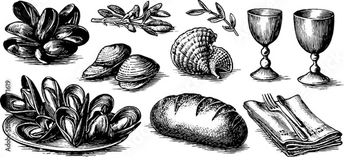 Vintage engraved mussels and bread with shells goblets and herbs sheet for packaging menu and background design