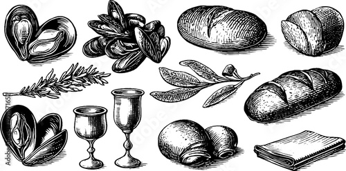 Vintage engraved mussels and assorted bread loaves with goblets and herbs sheet for menu packaging and background design