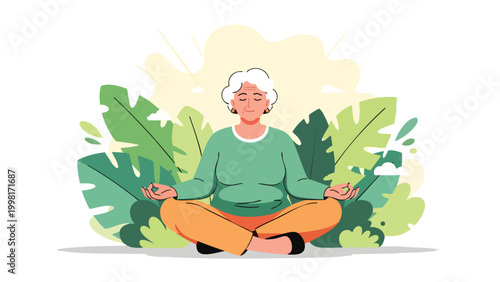 Senior Woman Meditating Outdoors, Peaceful Yoga Pose, Healthy Lifestyle Concept