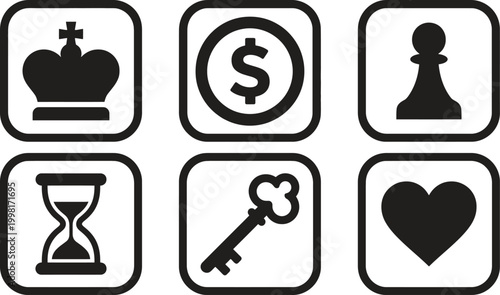 Six icons representing crown dollar chess pawn hourglass key heart