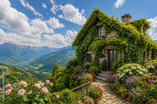 A mountain resort surrounded by lush vegetation and beautiful flowers.