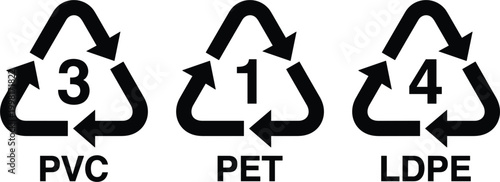 Plastic Recycling Resin Identification Code Symbols for PVC PET and LDPE Materials with Triangular Arrows for Environmental Packaging Labels and Waste Management Signs