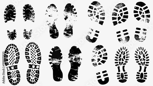 Black silhouette footprints collection on white background