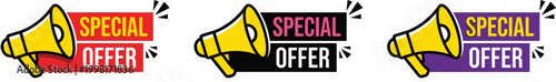 Special Offer Promotion Banner Set with Megaphone Icons in Red Black and Purple for Marketing Campaigns, Retail Sales, Advertising Announcements, and Business Discount Notifications