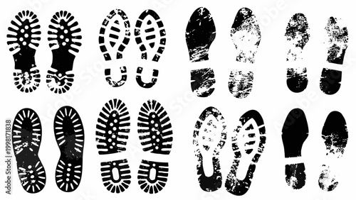 Black silhouette footprints collection on white background