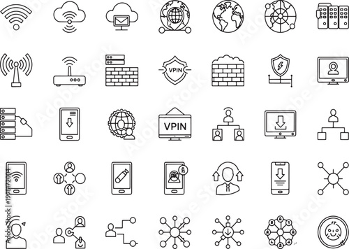Networking Tech Icon Array: A comprehensive collection of digital icons representing various facets of networking and technological connectivity. Showcasing a range of related concepts.