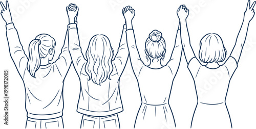 Women Unity and Friendship Illustration – Female Team Holding Hands, Empowerment, Support and Solidarity Line Art Vector