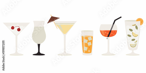 cocktail glasses with various drinks flat vector illustration