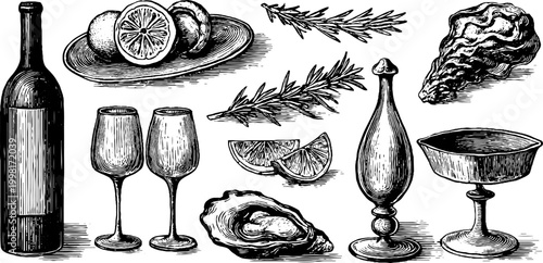 Vintage engraved oyster and lemon clipart sheet with wine bottle glasses lemon wedges and rosemary sprigs for menu background and culinary poster design