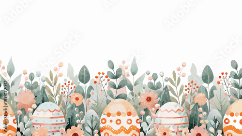 Watercolor floral border with easter eggs on white background