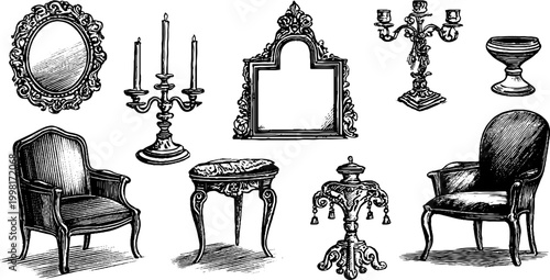 Engraved parlor chairs mirrors and candelabra clipart sheet with tables and decorative accents for vintage design elements