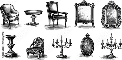 Antique engraved furniture and candelabra clipart sheet with chairs tables mirrors and candlesticks for design and decorative use