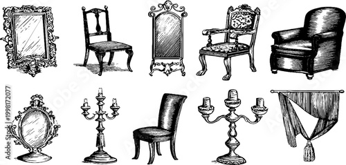Vintage engraved parlor furniture and candle clipart sheet with mirrors and drapery for design elements and background