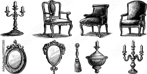 Victorian engraved chair and candle elements clipart sheet with mirrors tassels and candlesticks for vintage decorative design